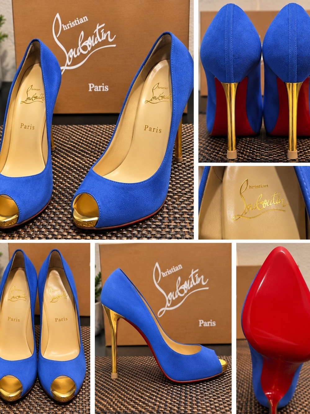 Christian Louboutin Electric Blue Suede Peep-Toe Pumps with Gold Heel